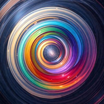 The primary subject of the image is a colorful spiral, which appears to be a digital art or illustration. The spiral is set against a dark background, creating a striking contrast. The colors in the spiral are vibrant and lively, with a mix of red, blue, green, yellow, and orange hues. The visual style of the image suggests a modern and creative approach to art, with the spiral serving as the focal point of the composition.